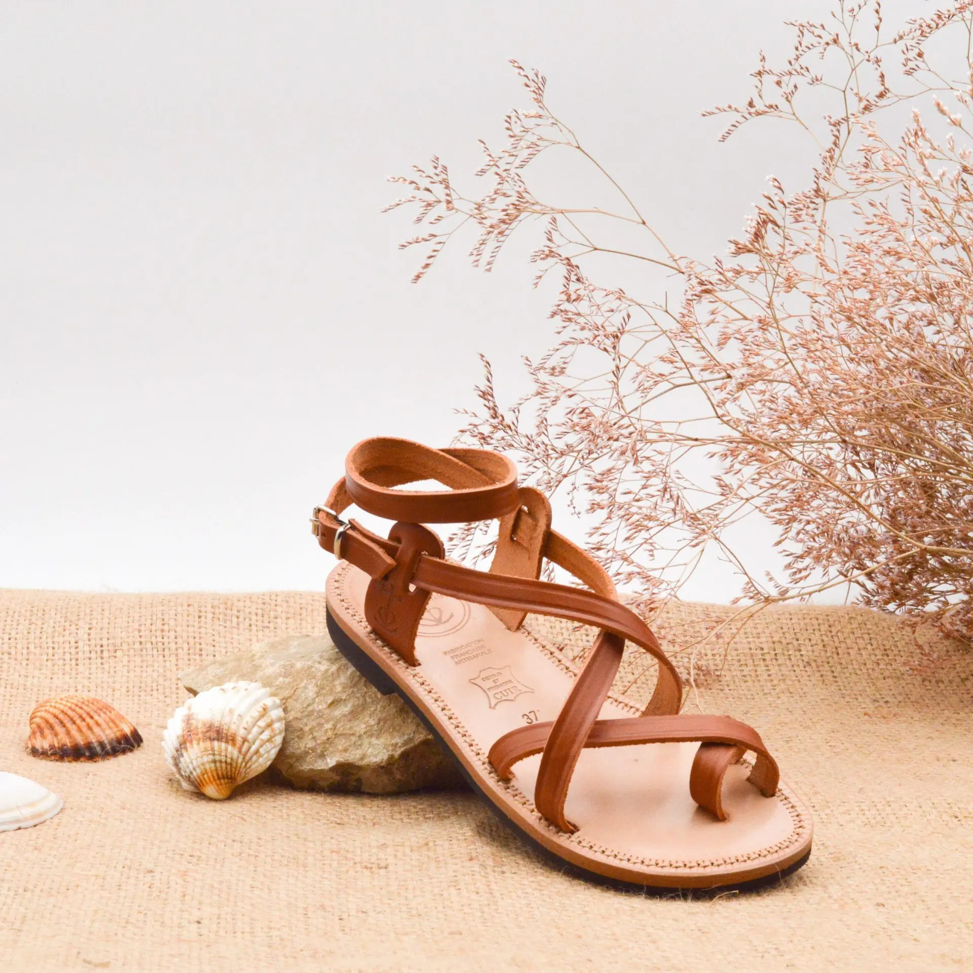 Leather sandal MARJORIE cognac