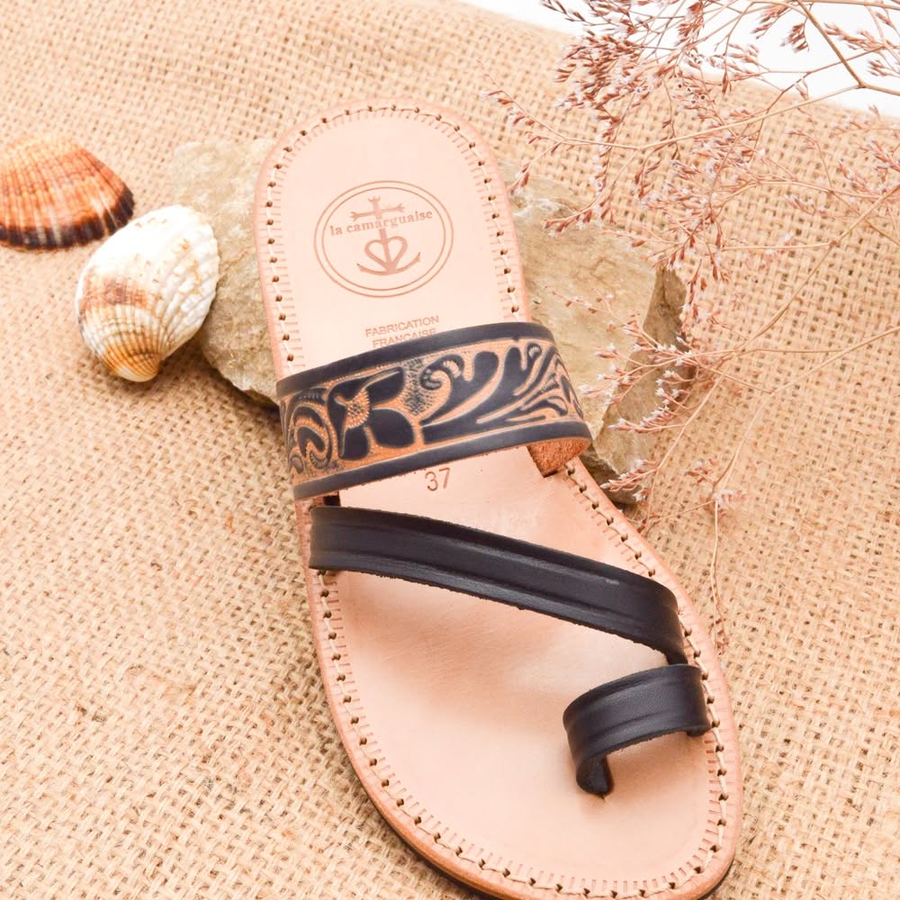 Sandale Cuir Noir LOTUS Artisanal La Camarguaise
